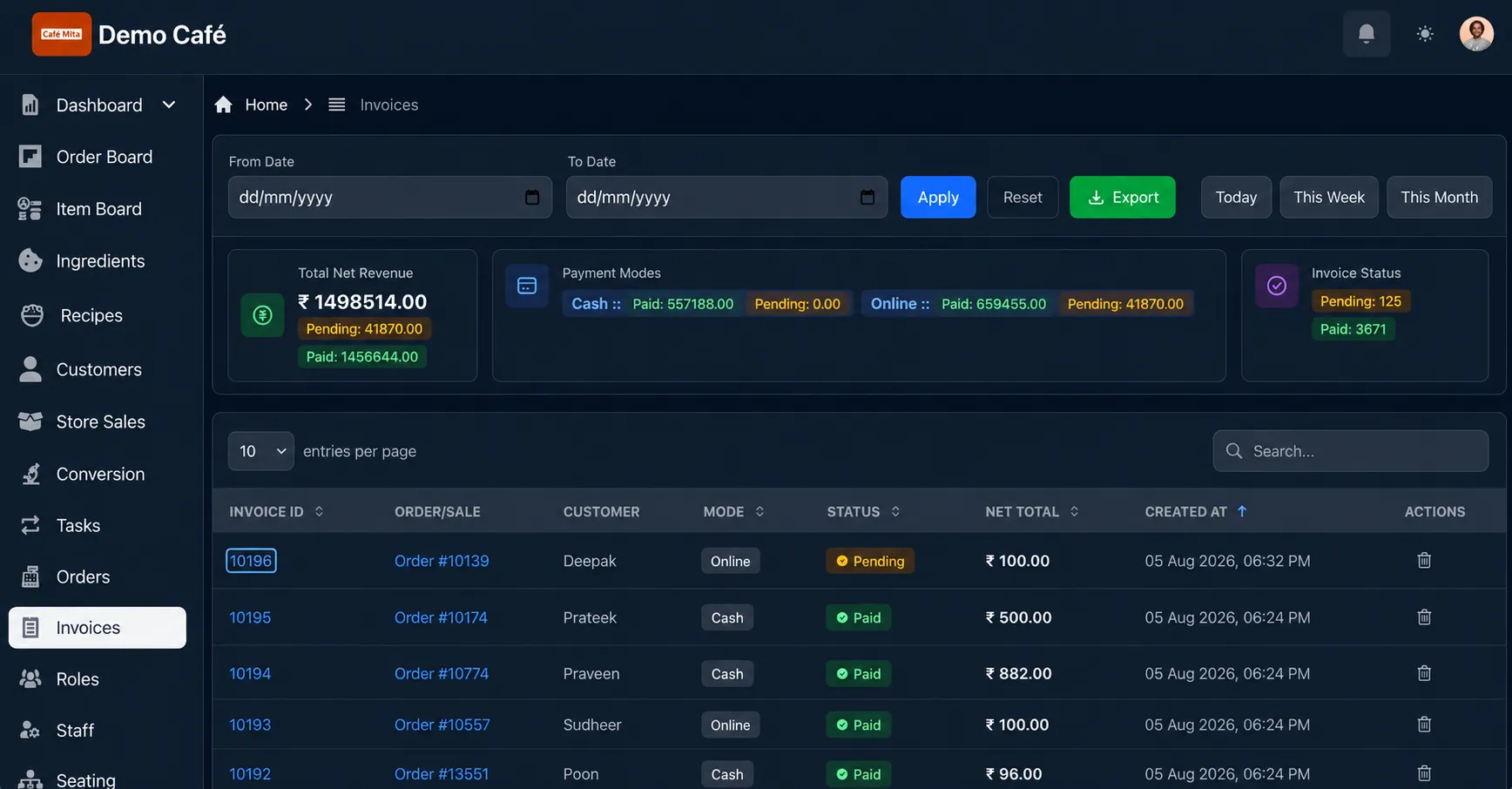 Invoice management table with filters and export option