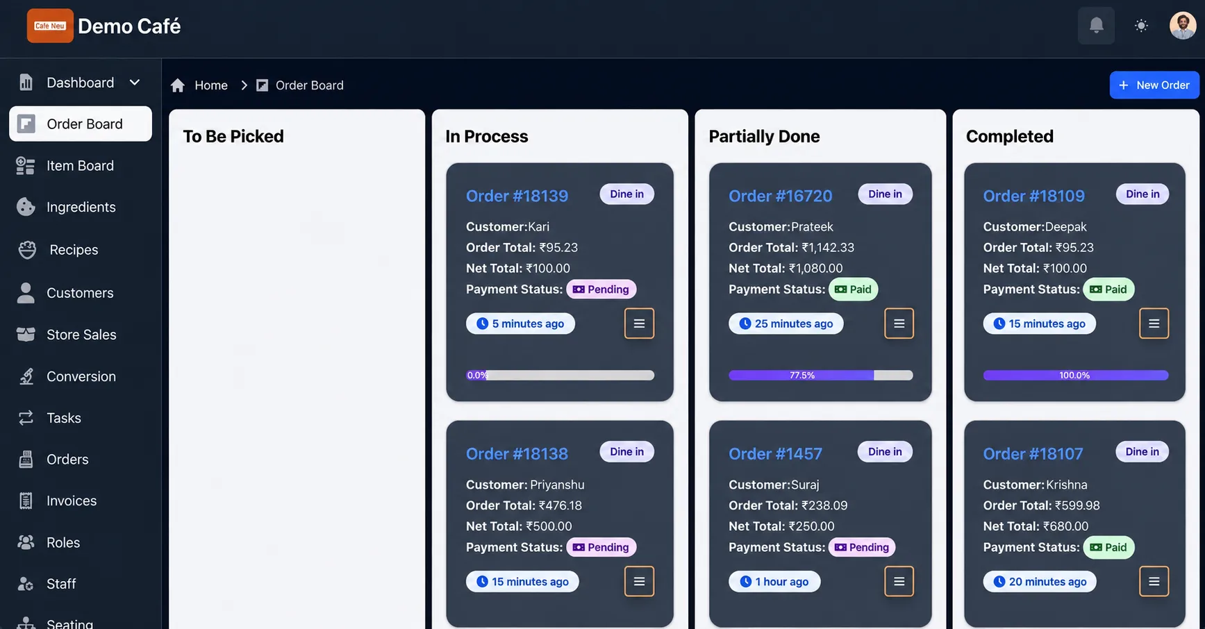 Kanban-style order board with 4 status columns